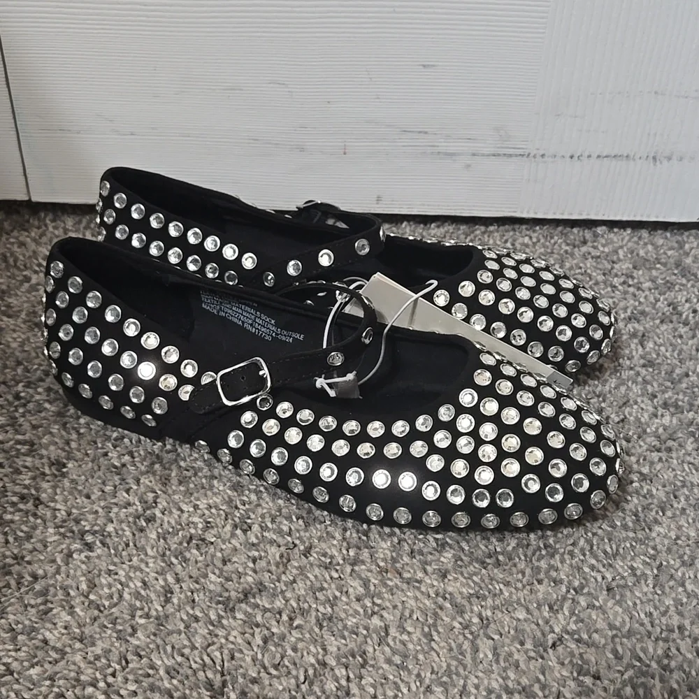 Black Rhinestone Studded Mary Jane Ballet Flats Style Shoes, Size 6.5, NEW W/Tag - Picture 2 of 15